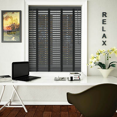Slate Grey Wooden Blinds with Smoke Tapes